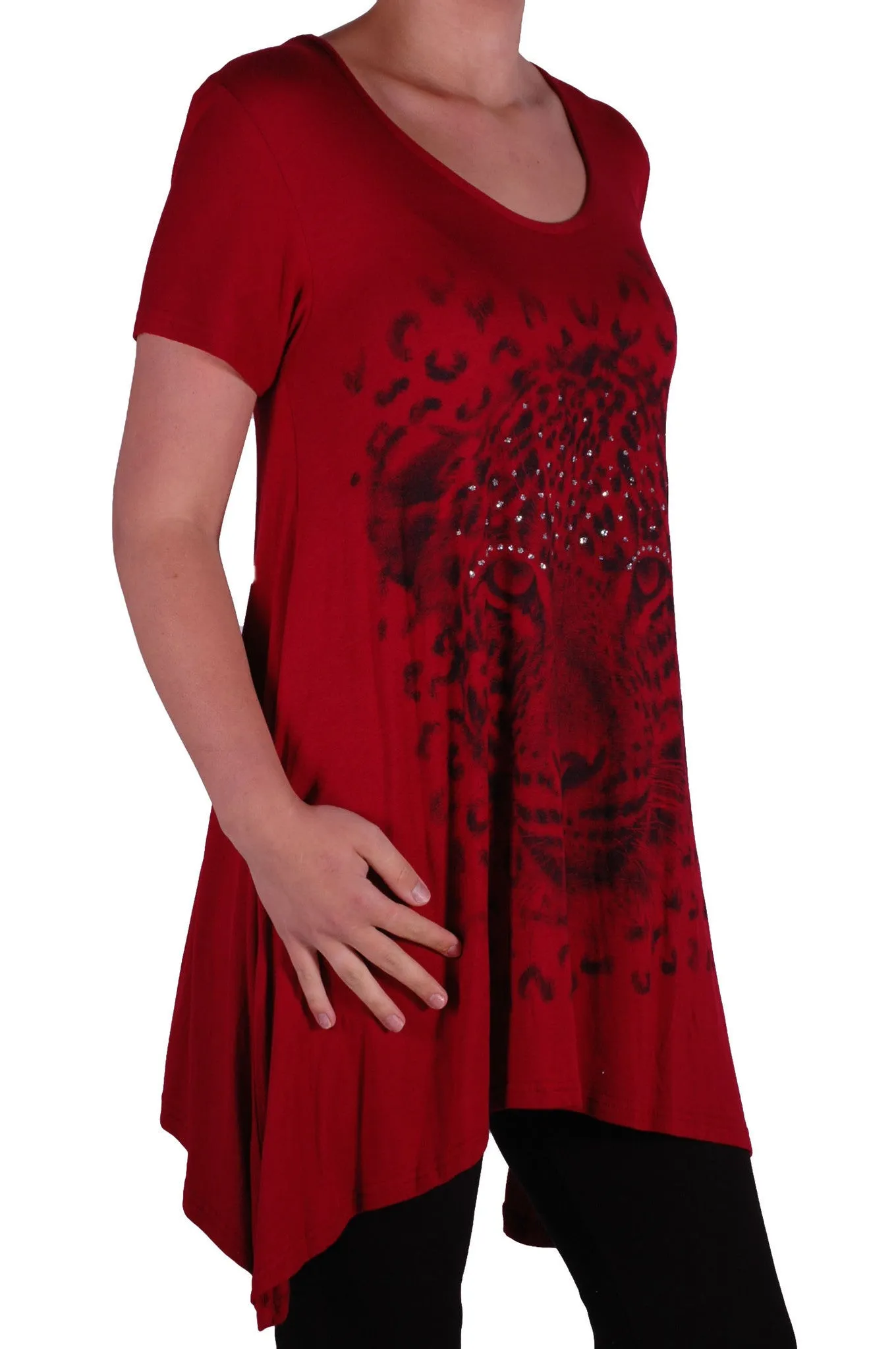 EyeCatch Plus - Ladies Graphic Tiger Long Draped Womens Sparkle Short Sleeve Stretch Top Sizes 14 - 28