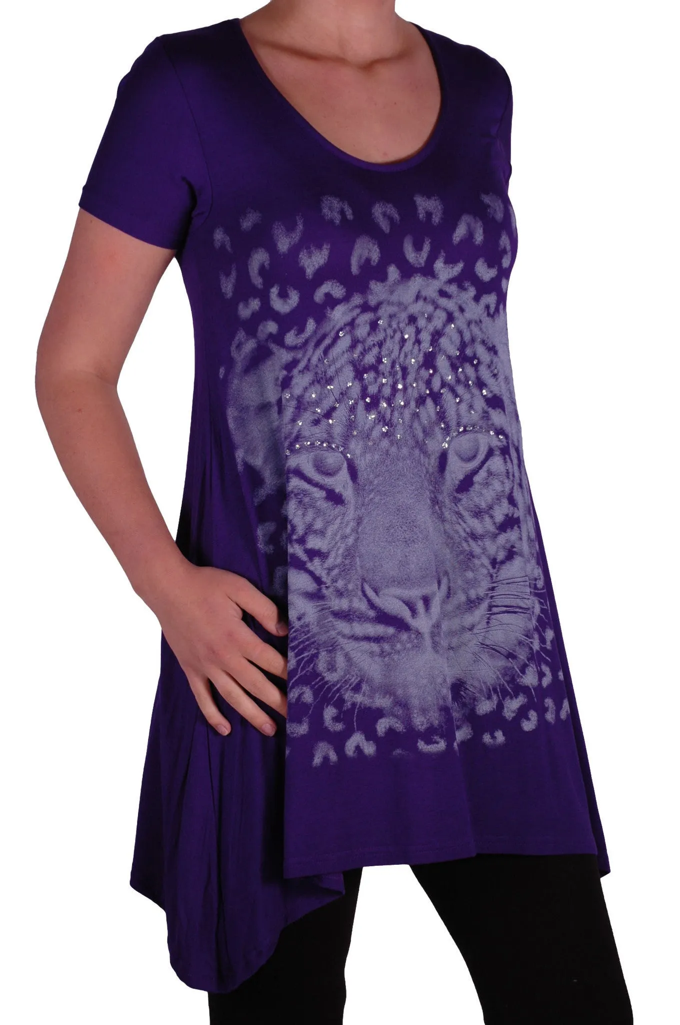 EyeCatch Plus - Ladies Graphic Tiger Long Draped Womens Sparkle Short Sleeve Stretch Top Sizes 14 - 28