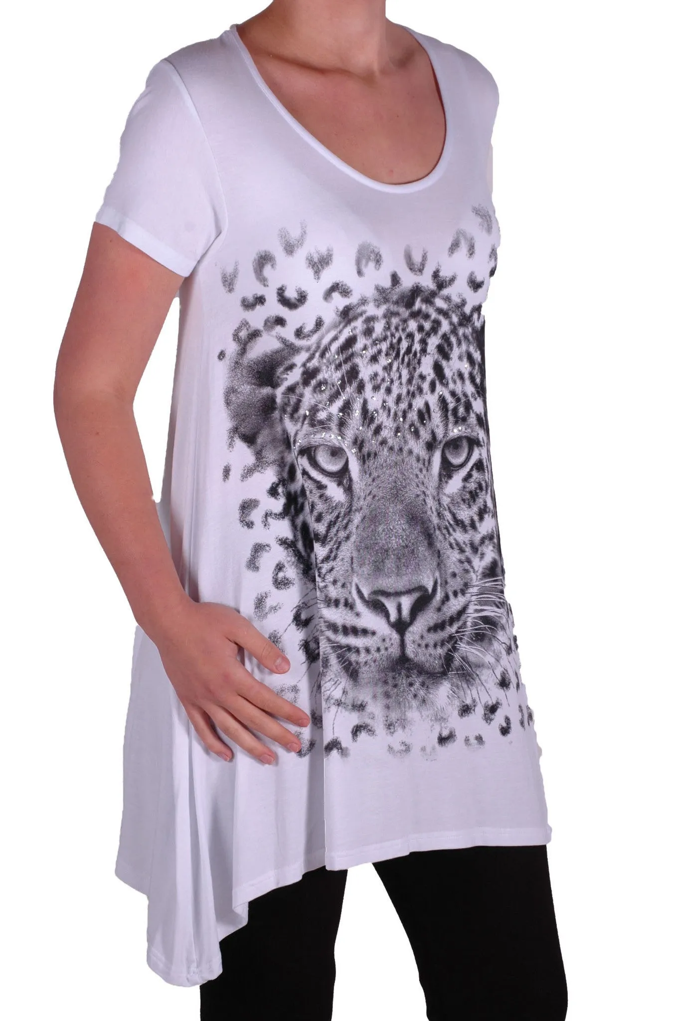 EyeCatch Plus - Ladies Graphic Tiger Long Draped Womens Sparkle Short Sleeve Stretch Top Sizes 14 - 28