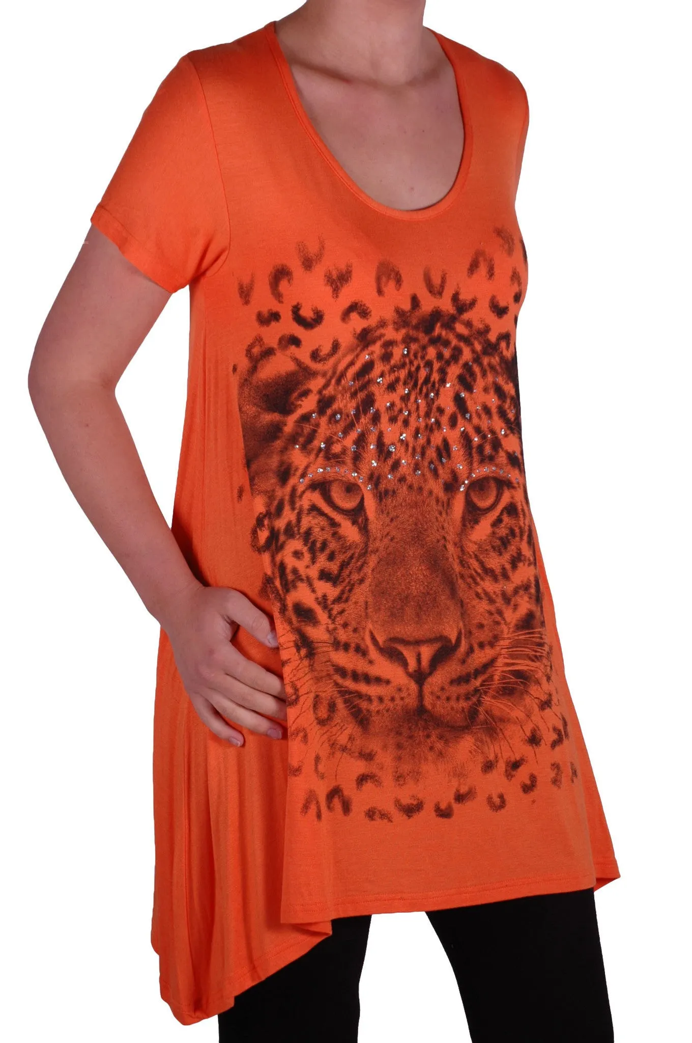 EyeCatch Plus - Ladies Graphic Tiger Long Draped Womens Sparkle Short Sleeve Stretch Top Sizes 14 - 28