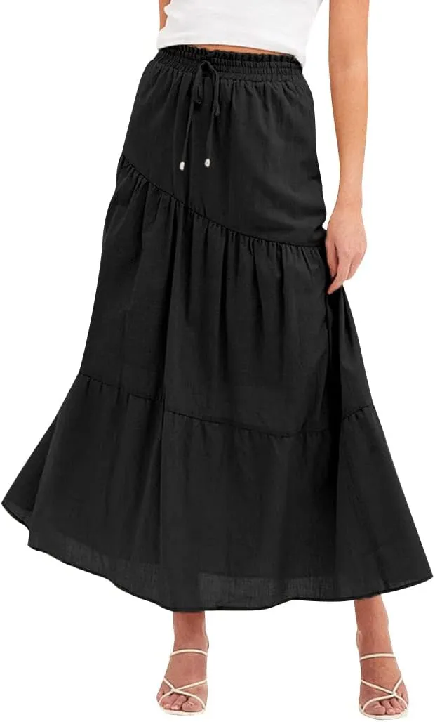 Ezcosplay Women Maxi Linen Skirt Elastic High Waist A-Line Swing Long Beach Skirt Summer
