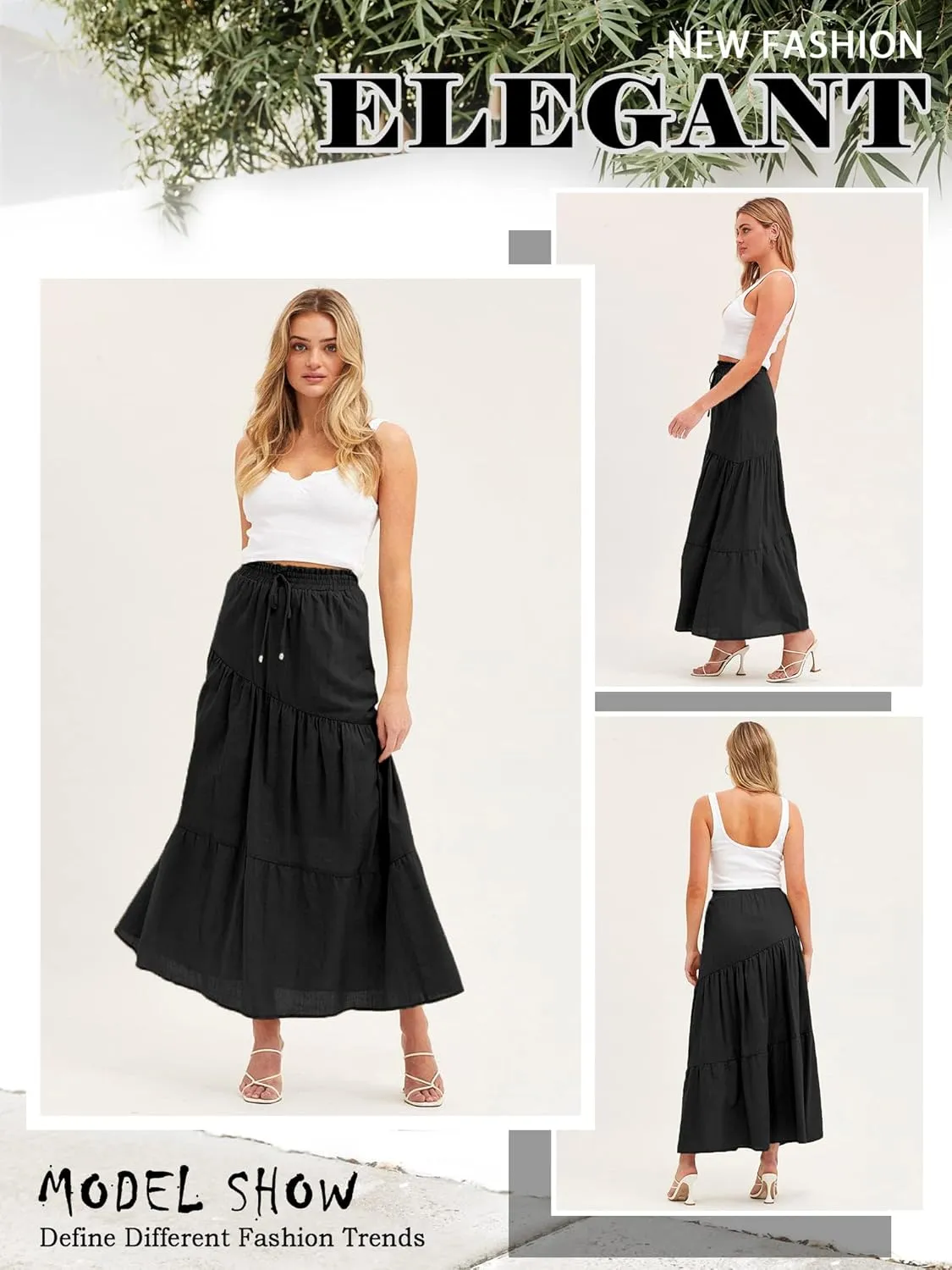 Ezcosplay Women Maxi Linen Skirt Elastic High Waist A-Line Swing Long Beach Skirt Summer