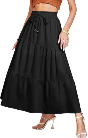 Ezcosplay Women Maxi Linen Skirt Elastic High Waist A-Line Swing Long Beach Skirt Summer