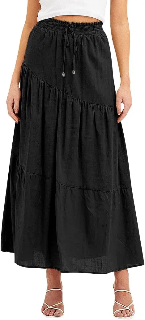 Ezcosplay Women Maxi Linen Skirt Elastic High Waist A-Line Swing Long Beach Skirt Summer