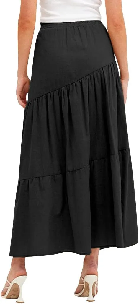 Ezcosplay Women Maxi Linen Skirt Elastic High Waist A-Line Swing Long Beach Skirt Summer
