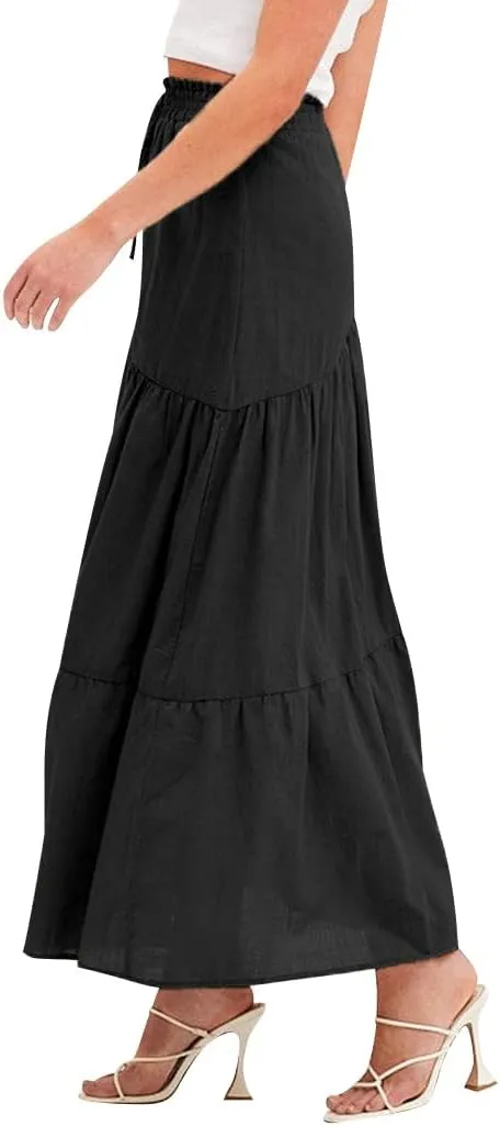 Ezcosplay Women Maxi Linen Skirt Elastic High Waist A-Line Swing Long Beach Skirt Summer