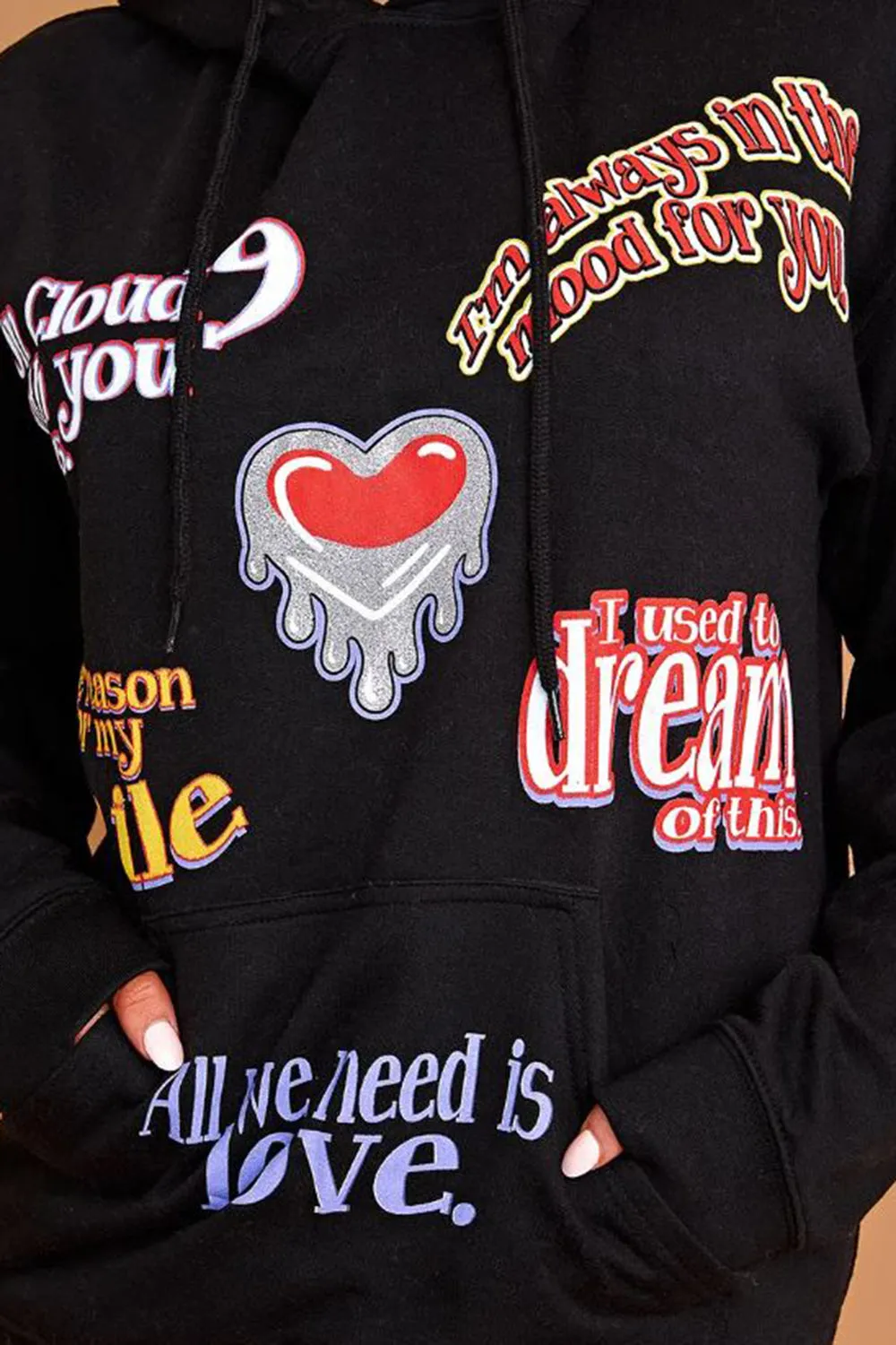 Farrah Black All We Need Is Love Slogan Oversized Hoodie