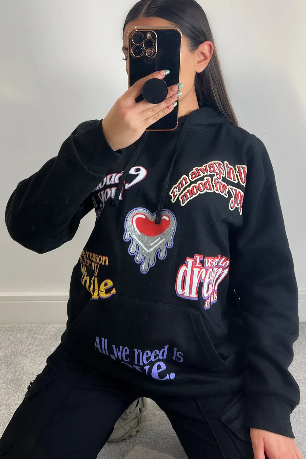 Farrah Black All We Need Is Love Slogan Oversized Hoodie
