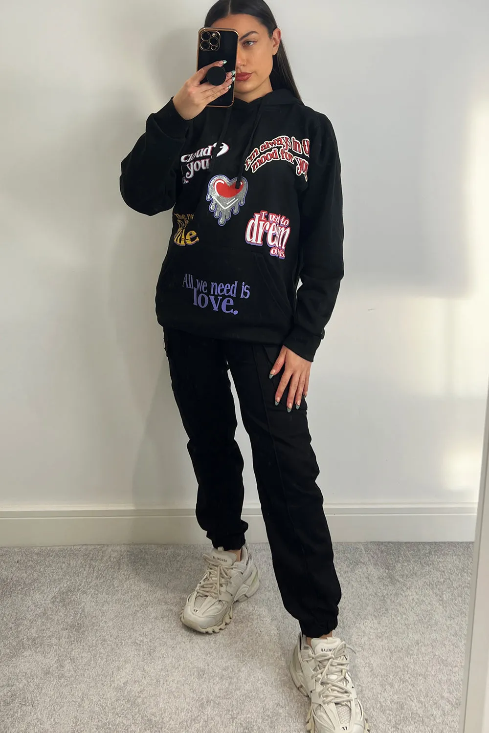 Farrah Black All We Need Is Love Slogan Oversized Hoodie