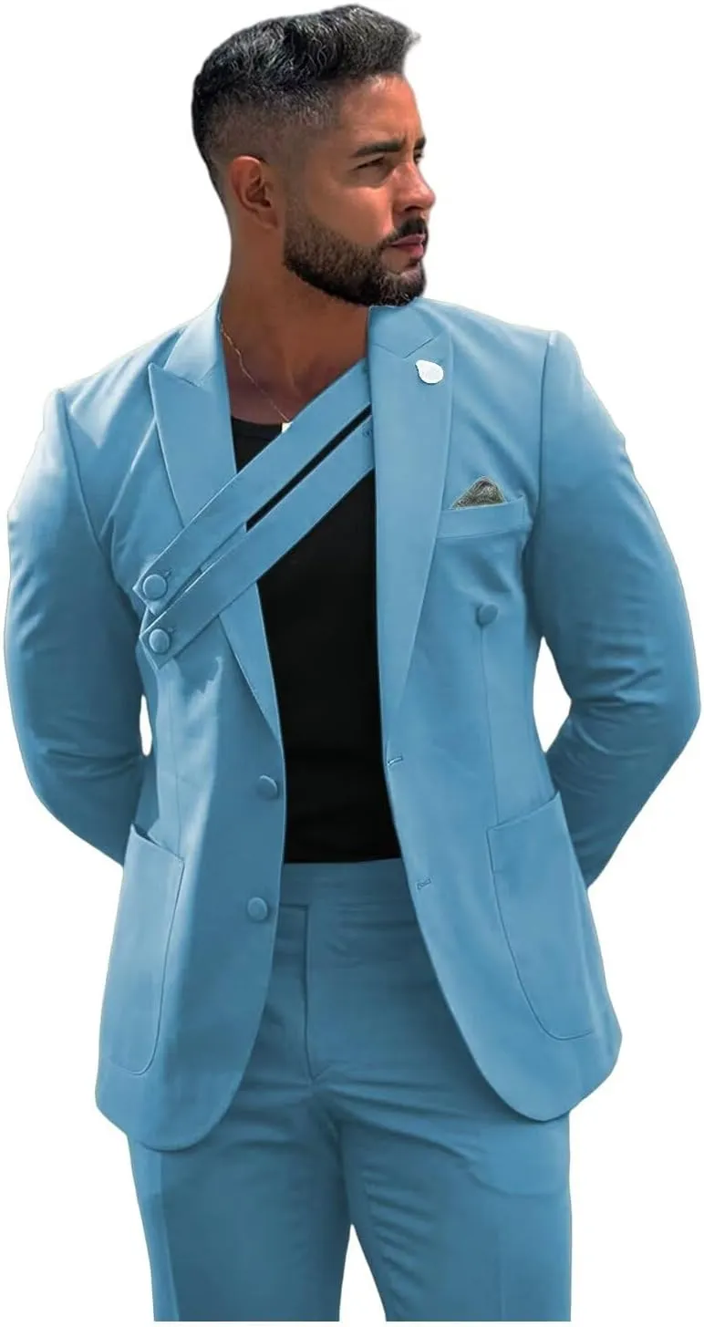 Fashion Mens Suit 2 Piece Suits for Men Party Regular Fit Single Breasted Tuxedo Peak Lapel Blazer Pants for Dinner Prom