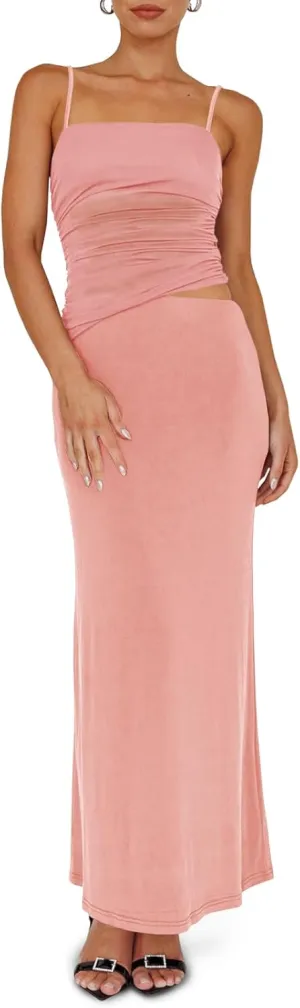 Fisoew Womens 2 Piece Skirt Dress Set Summer Sheer Mesh Ruched Camisole Tops Maxi Skirts Sexy Bodycon Sets