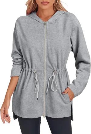 Fisoew Women's Zip Up Hoodie Sweatshirts Oversized Long Sleeve Casual Drawstring Waist Side Slit Tunic Tops Light Grey