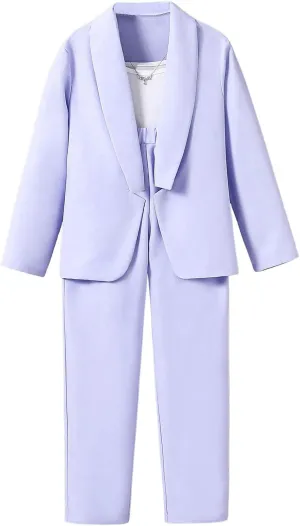 Floerns Girls 2 Piece Outfit Solid Lapel Collar Blazer Jacket with Pants Suit Set