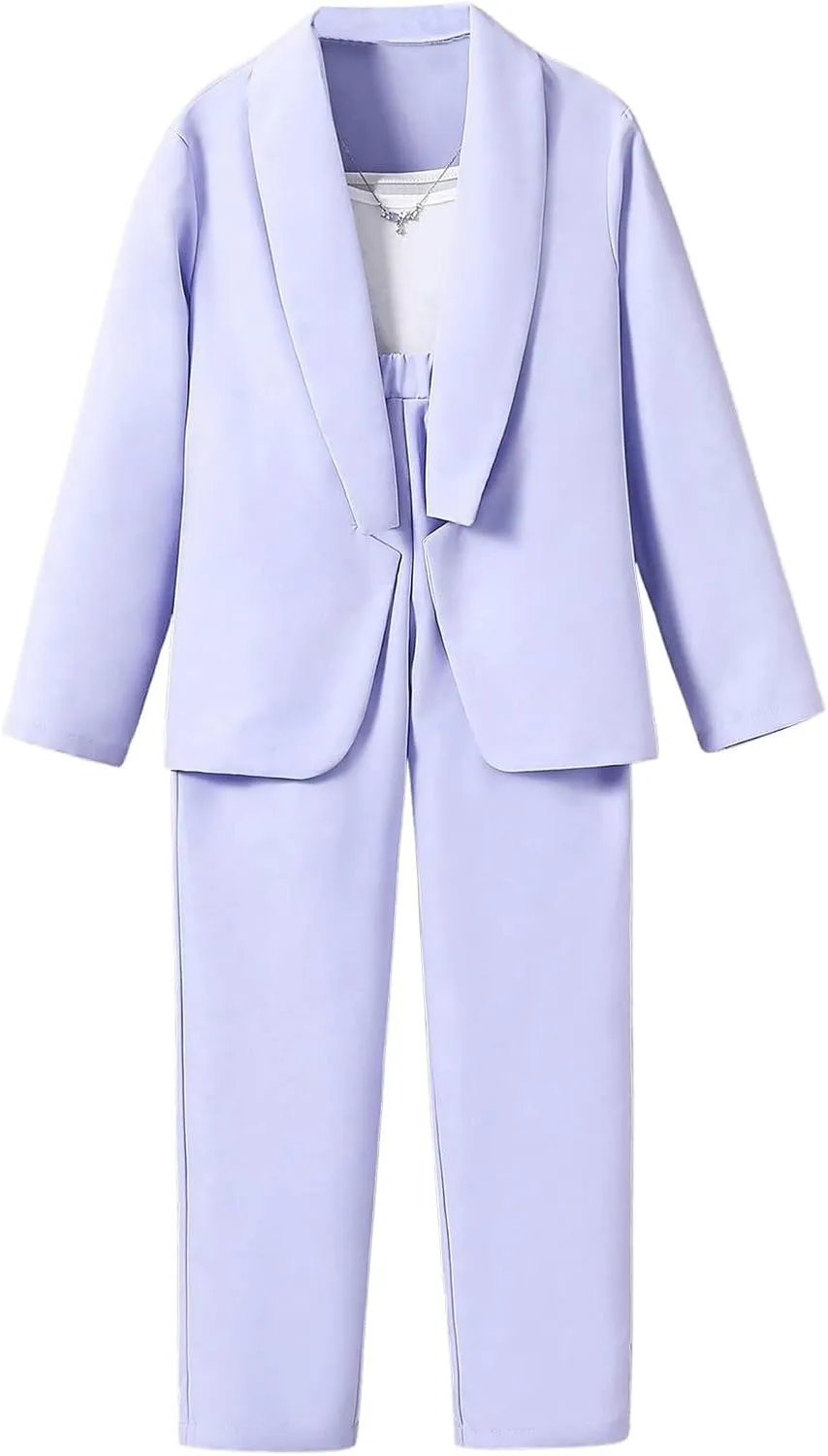 Floerns Girls 2 Piece Outfit Solid Lapel Collar Blazer Jacket with Pants Suit Set