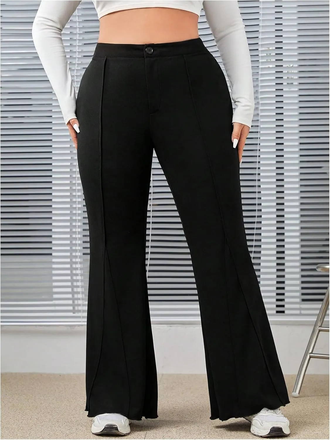 Floerns Women's Plus Size High Waisted Trousers Stretch Flare Leg Casual Pants