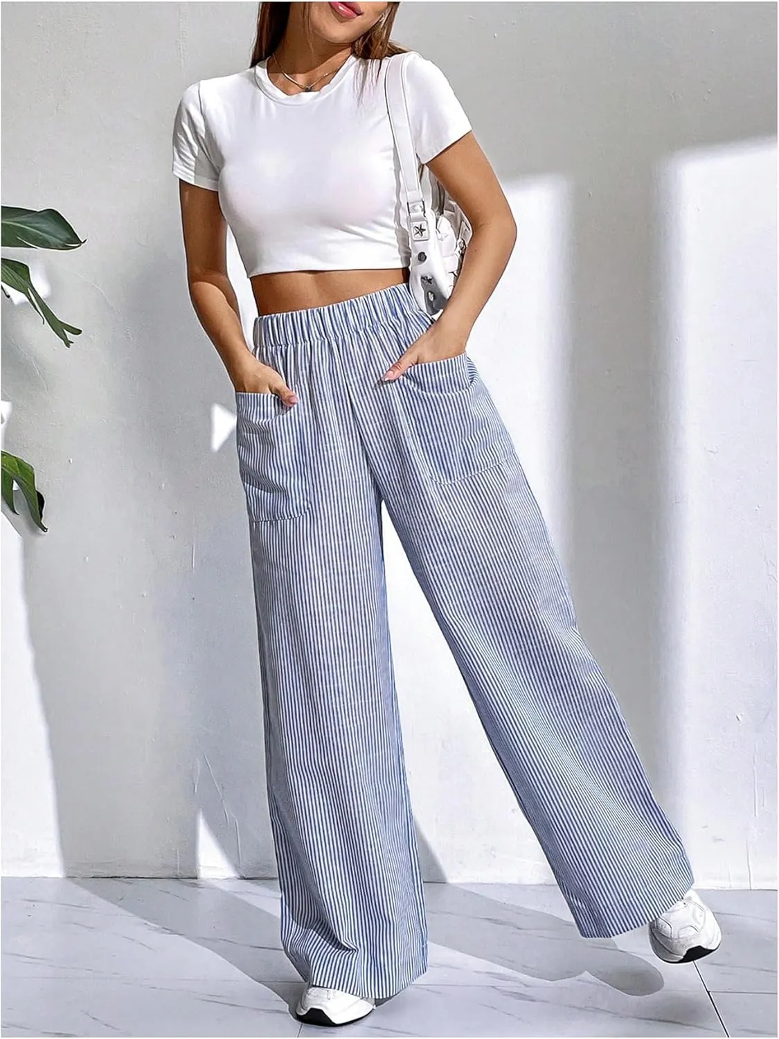 Floerns Women's Striped Print Elastic High Waist Pocket Front Wide Leg Pants