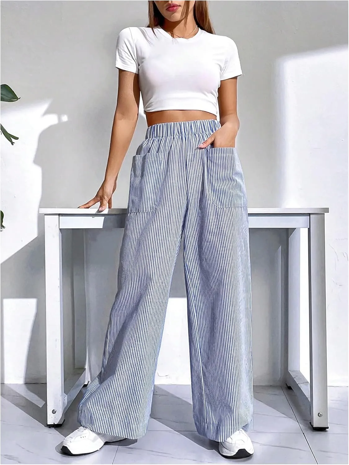 Floerns Women's Striped Print Elastic High Waist Pocket Front Wide Leg Pants