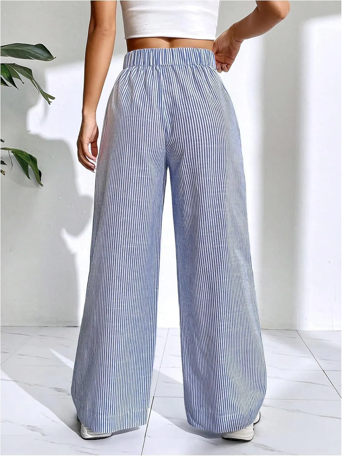 Floerns Women's Striped Print Elastic High Waist Pocket Front Wide Leg Pants