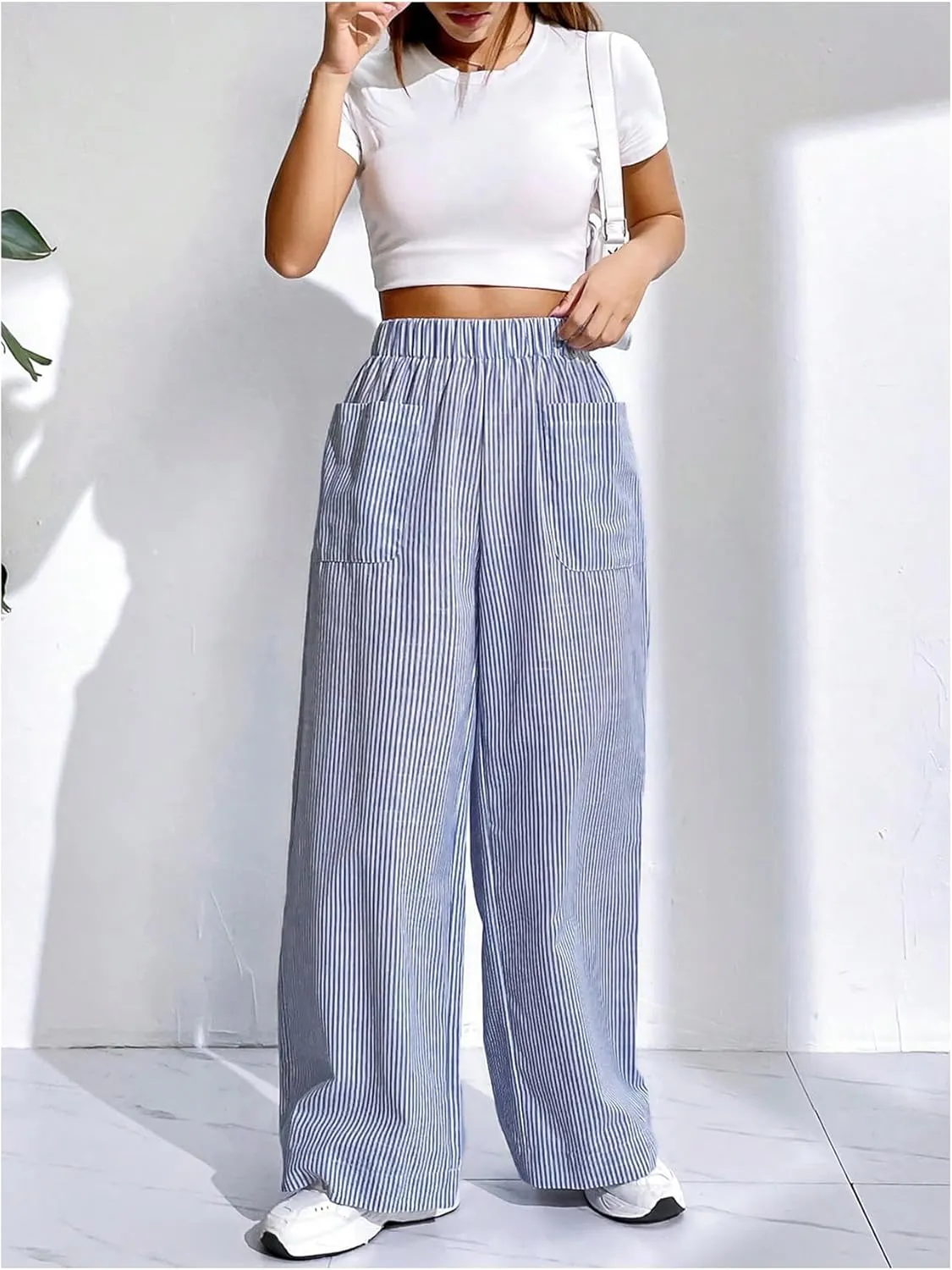 Floerns Women's Striped Print Elastic High Waist Pocket Front Wide Leg Pants