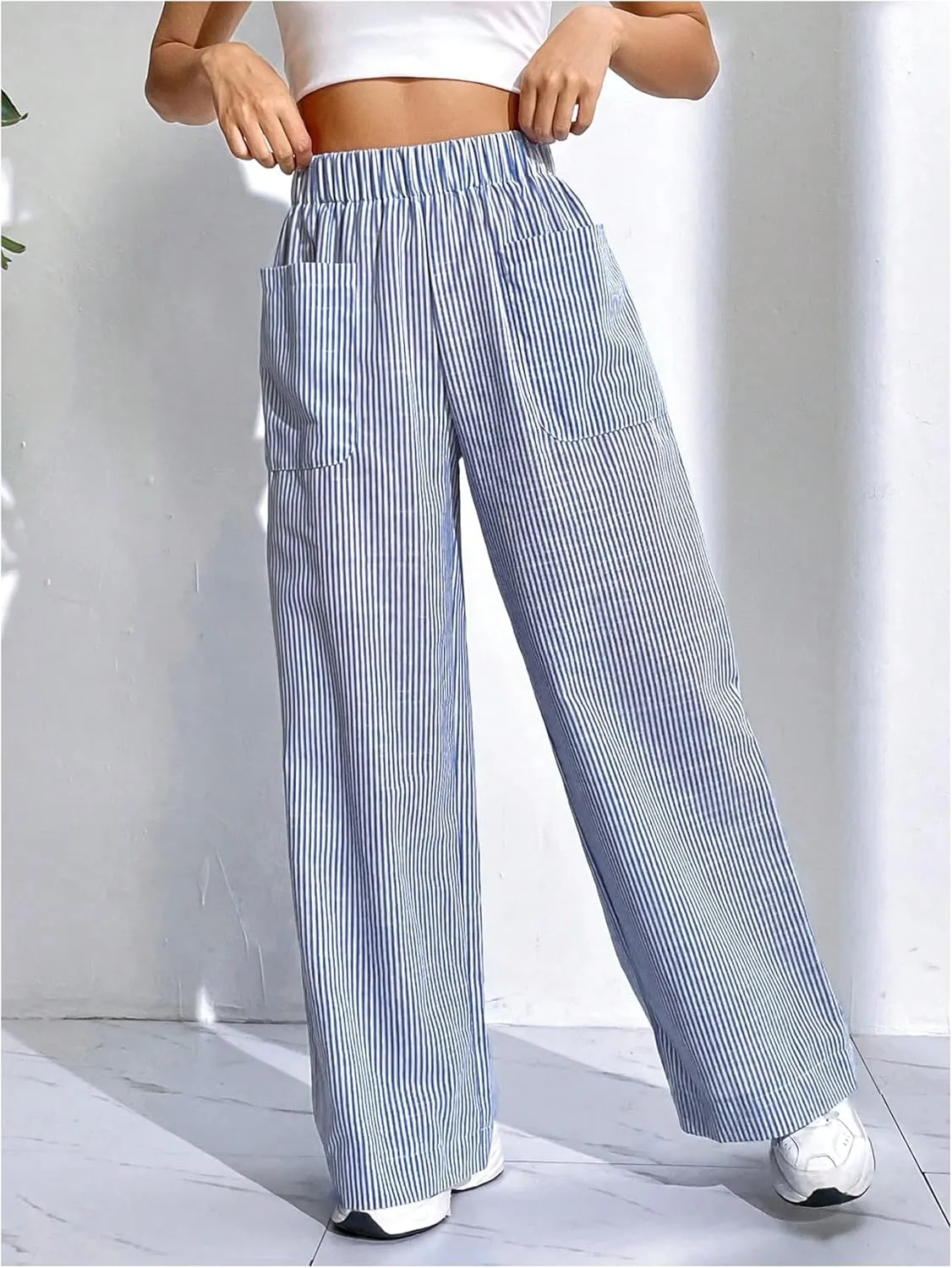 Floerns Women's Striped Print Elastic High Waist Pocket Front Wide Leg Pants