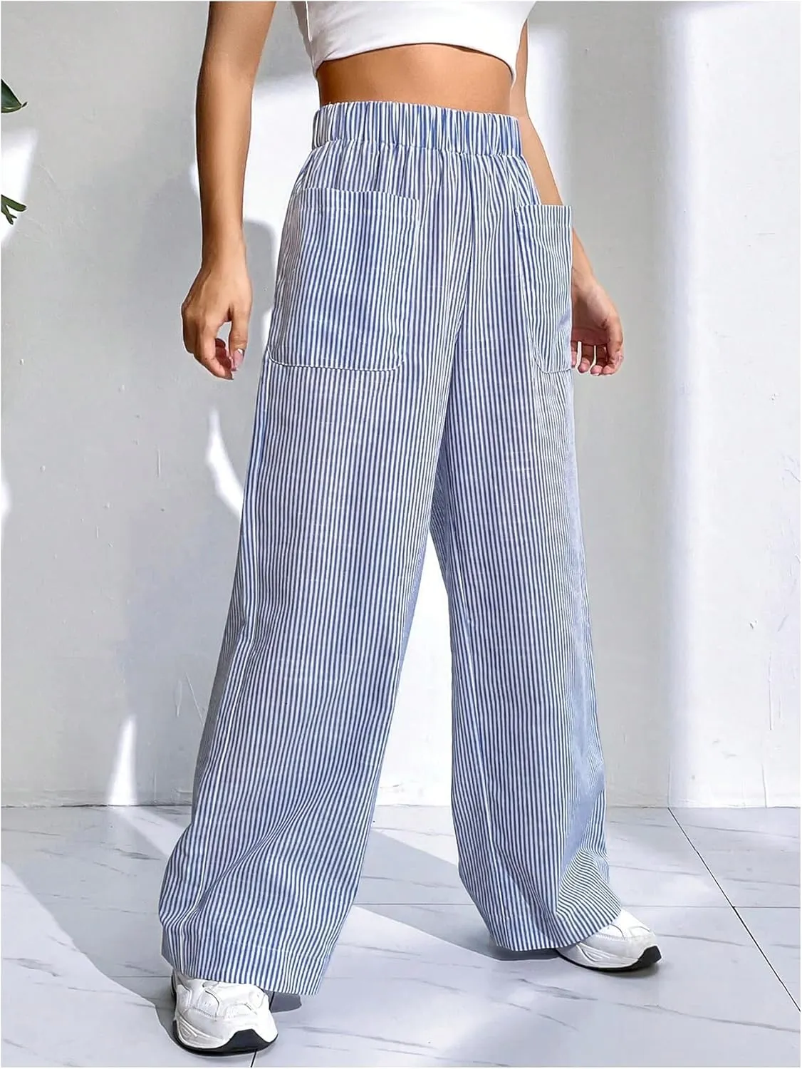 Floerns Women's Striped Print Elastic High Waist Pocket Front Wide Leg Pants