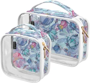 Floral-doodle-blue Print 2 Pack Clear Toiletry Bag Women Men, Portable Waterproof Clear Pouch, Cosmetic Bag with Double Zippers Large Opening Traveling with Handle for Bathroom Traveling Vacation Orga