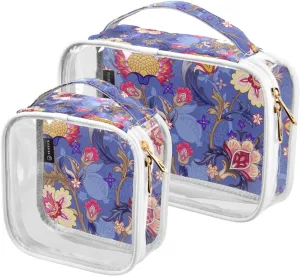 Flowers Print 2 Pack Clear Toiletry Bag Women Men, Portable Waterproof Clear Pouch, Cosmetic Bag with Double Zippers Large Opening Traveling with Handle for Bathroom Traveling Vacation Organizing