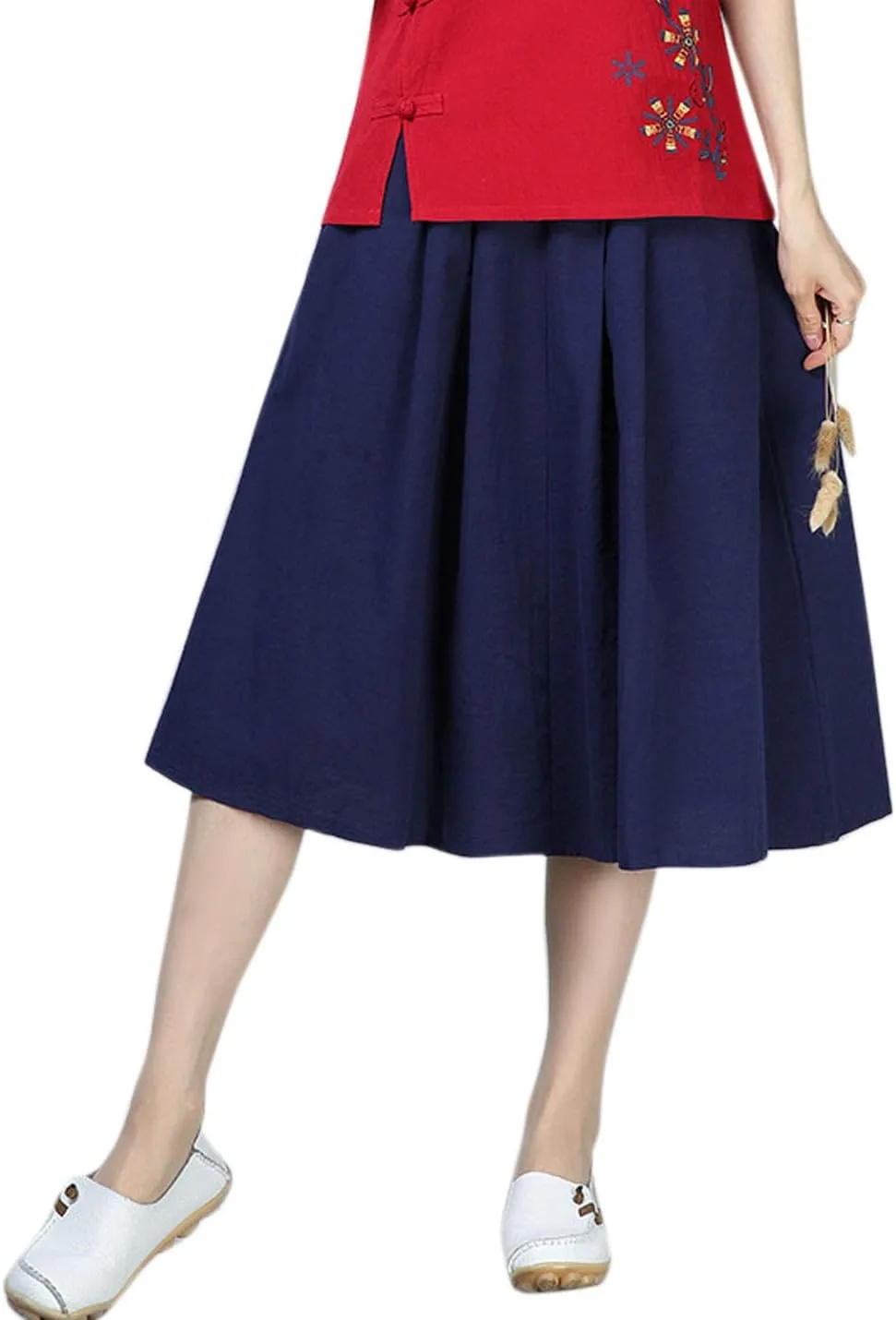 Flygo Women's High Waisted Back Elastic A-Line Pleated Swing Midi Linen Skirt W/Pockets