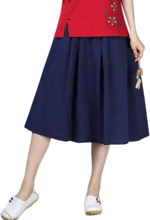 Flygo Women's High Waisted Back Elastic A-Line Pleated Swing Midi Linen Skirt W/Pockets