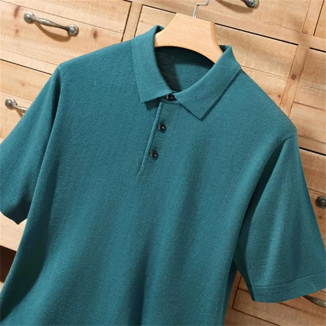 Fnfmrfmr Mens 100 Percent Merino Short Sleeve Wool Polo Shirt Solid Color Business Casual Loose Knit T-Shirt