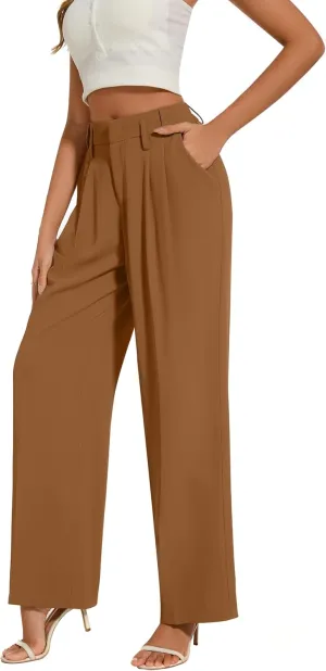 FUNYYZO Women's Loose Pleated Front Long Pants Wide Leg Trousers Solid Causal Dressy