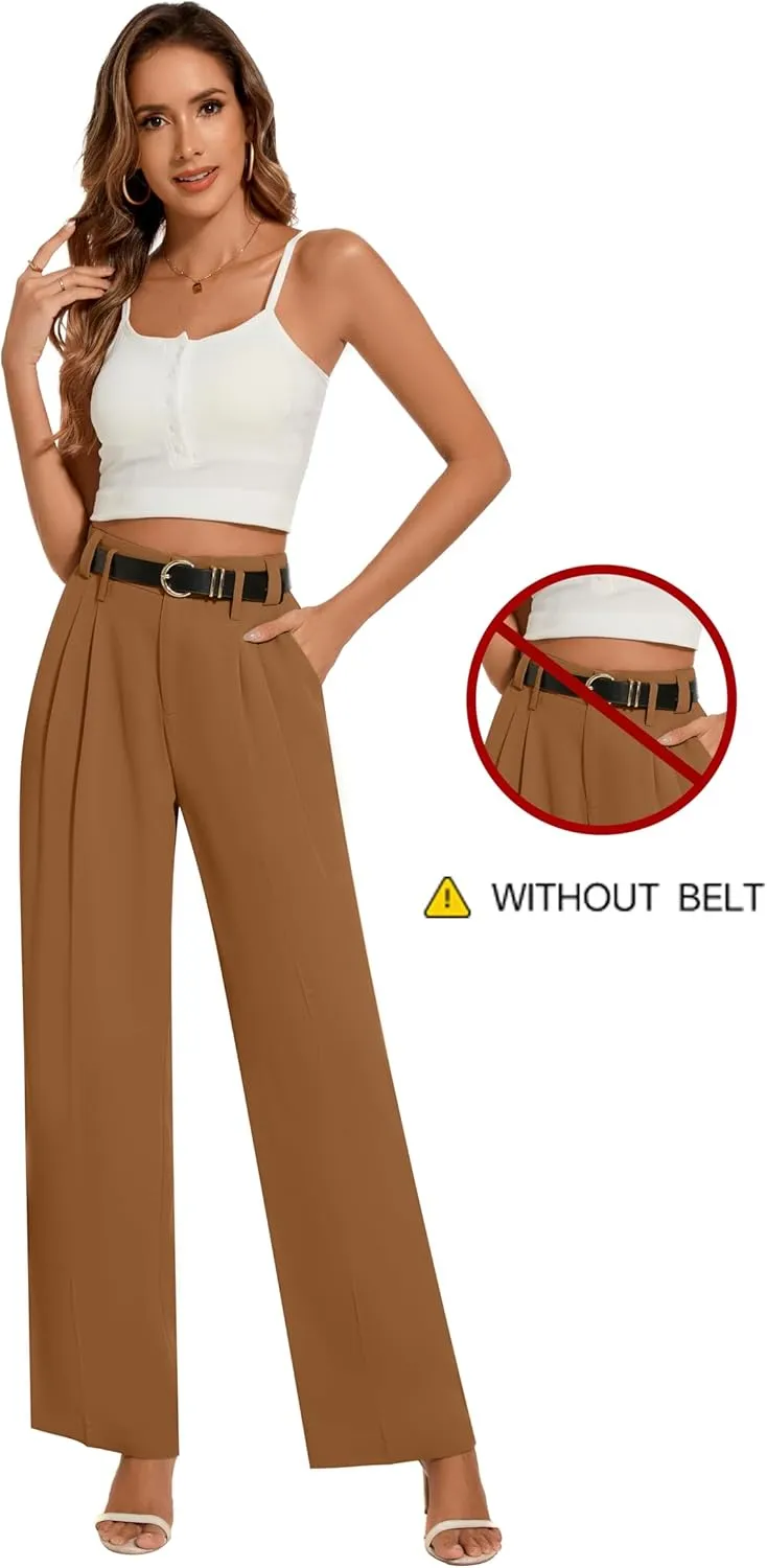 FUNYYZO Women's Loose Pleated Front Long Pants Wide Leg Trousers Solid Causal Dressy