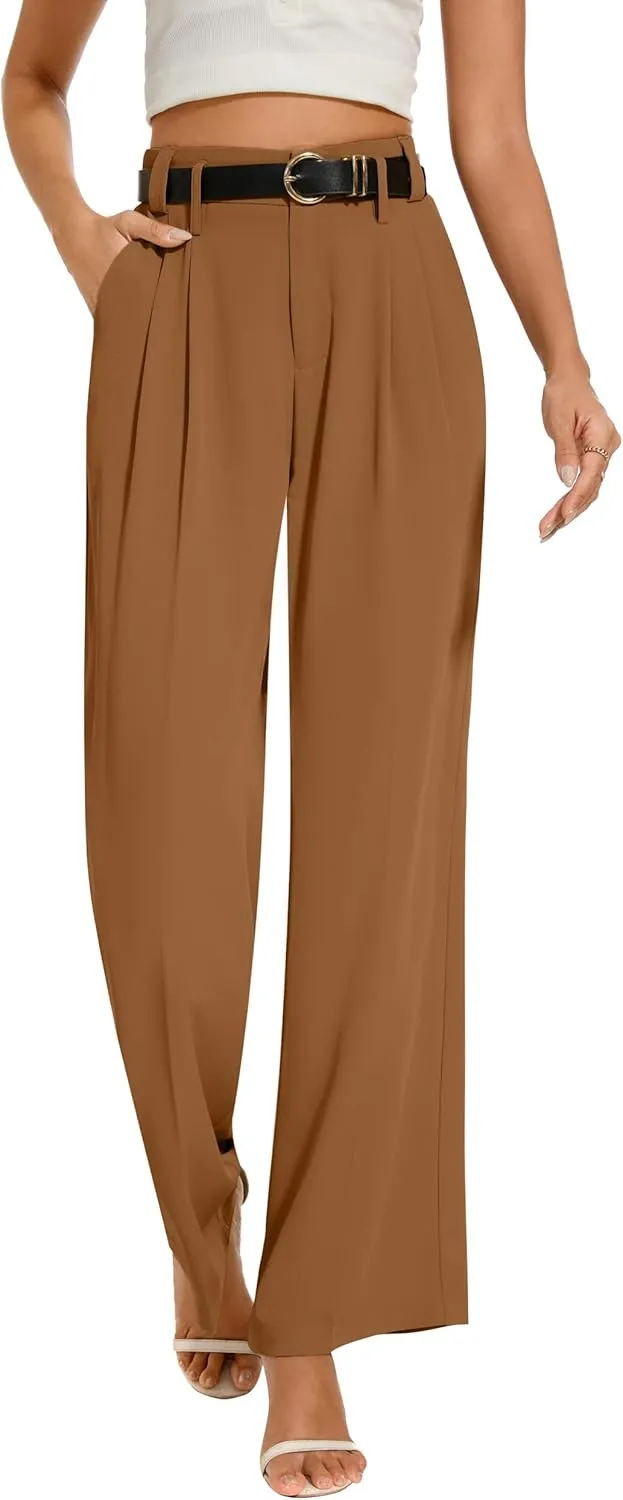 FUNYYZO Women's Loose Pleated Front Long Pants Wide Leg Trousers Solid Causal Dressy