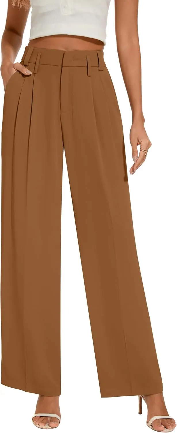 FUNYYZO Women's Loose Pleated Front Long Pants Wide Leg Trousers Solid Causal Dressy