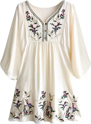 futurino Women's Bohemian Embroidered Crew Neck Dress Fashionable Classic Button Down Top