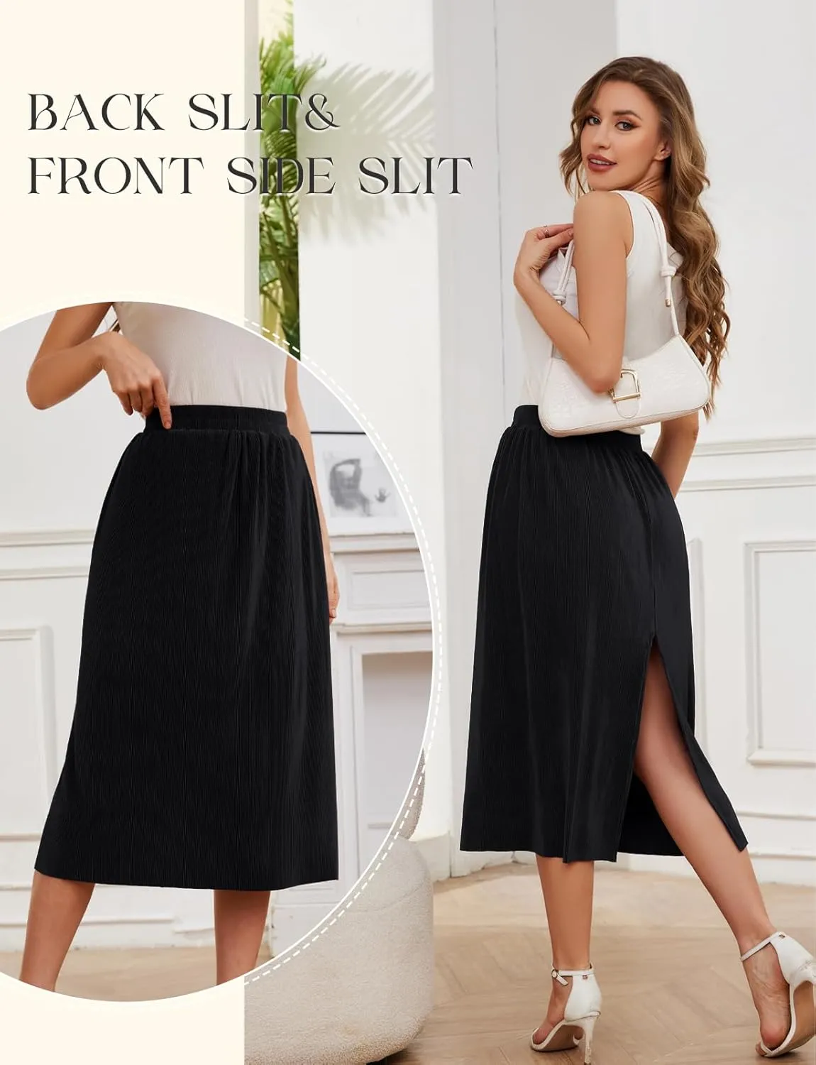 Gardenwed Womens Midi Casual Skirt High Waisted Pleated Flowy A Line Elastic Swing Skirts with Side Slit