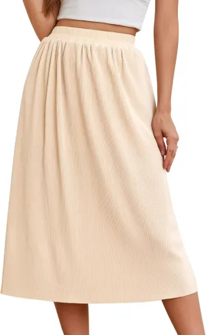 Gardenwed Womens Midi Casual Skirt High Waisted Pleated Flowy A Line Elastic Swing Skirts with Side Slit