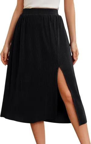 Gardenwed Womens Midi Casual Skirt High Waisted Pleated Flowy A Line Elastic Swing Skirts with Side Slit