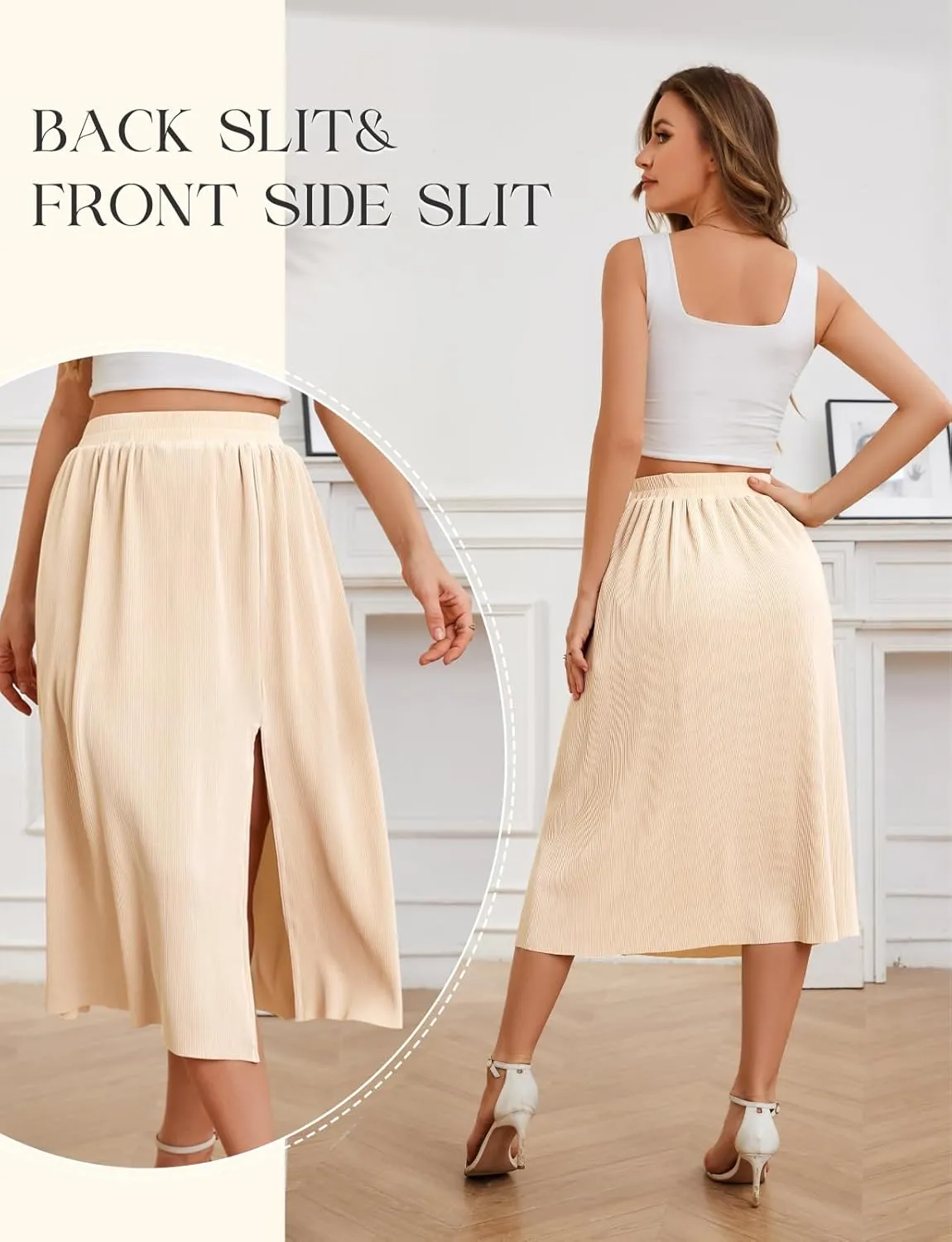 Gardenwed Womens Midi Casual Skirt High Waisted Pleated Flowy A Line Elastic Swing Skirts with Side Slit