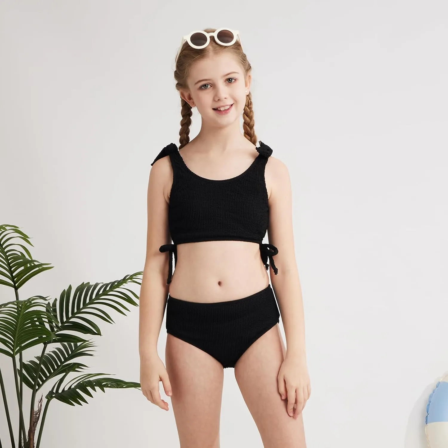 Girls 2 Pieces Swimsuits Solid Swimwear Bowknot Shoulder Strapes Bikini Set 9-16 Years Teen Girl Summer Bathing Suit