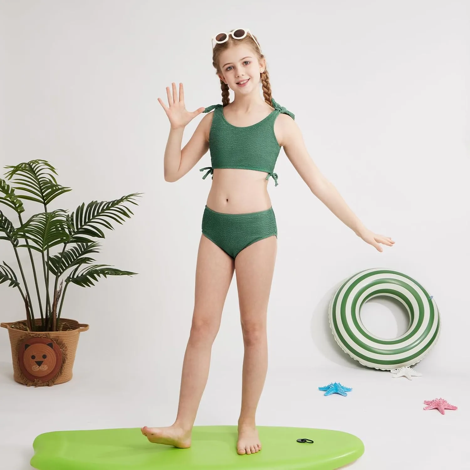 Girls 2 Pieces Swimsuits Solid Swimwear Bowknot Shoulder Strapes Bikini Set 9-16 Years Teen Girl Summer Bathing Suit