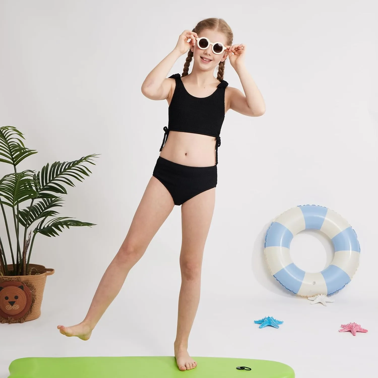 Girls 2 Pieces Swimsuits Solid Swimwear Bowknot Shoulder Strapes Bikini Set 9-16 Years Teen Girl Summer Bathing Suit