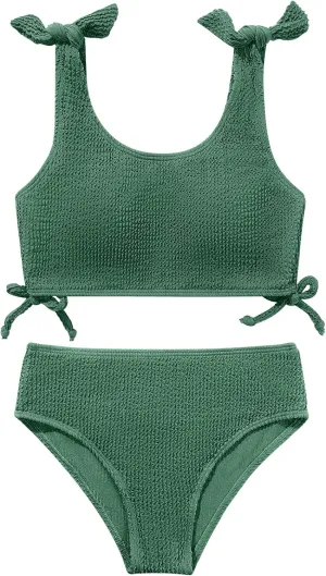 Girls 2 Pieces Swimsuits Solid Swimwear Bowknot Shoulder Strapes Bikini Set 9-16 Years Teen Girl Summer Bathing Suit
