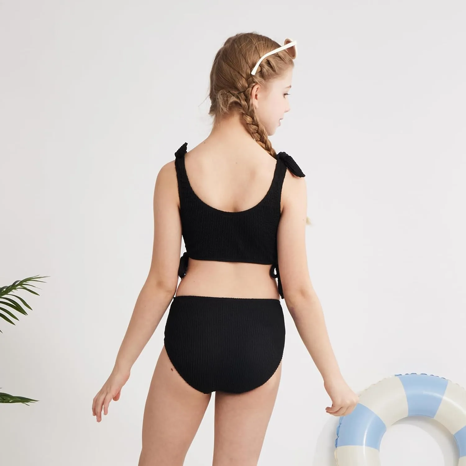 Girls 2 Pieces Swimsuits Solid Swimwear Bowknot Shoulder Strapes Bikini Set 9-16 Years Teen Girl Summer Bathing Suit