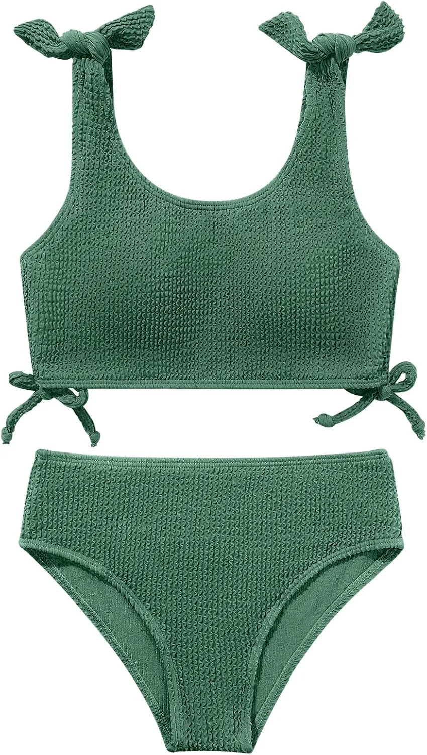 Girls 2 Pieces Swimsuits Solid Swimwear Bowknot Shoulder Strapes Bikini Set 9-16 Years Teen Girl Summer Bathing Suit