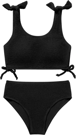 Girls 2 Pieces Swimsuits Solid Swimwear Bowknot Shoulder Strapes Bikini Set 9-16 Years Teen Girl Summer Bathing Suit