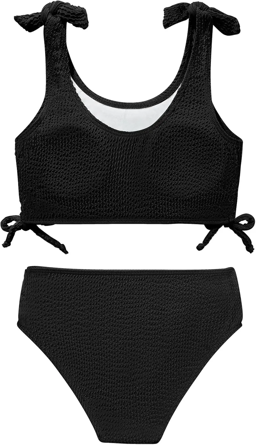 Girls 2 Pieces Swimsuits Solid Swimwear Bowknot Shoulder Strapes Bikini Set 9-16 Years Teen Girl Summer Bathing Suit