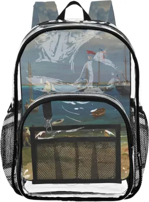 Girls Backpack for Kids Nassau Harbor Oil Painting Clear Bag for Women Travel Approved Plastic Bag Large