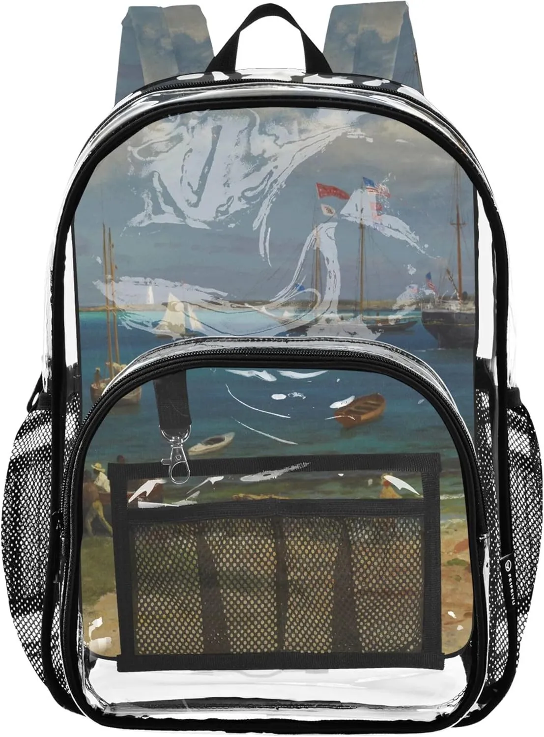 Girls Backpack for Kids Nassau Harbor Oil Painting Clear Bag for Women Travel Approved Plastic Bag Large