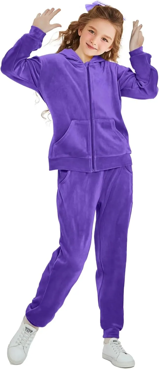Girls Velour Tracksuit Sweatsuits Set 2 Piece Outfits Zip Up Hoodies and Pants Sportswear Jogging Suit
